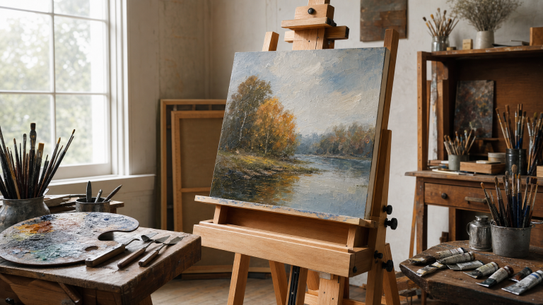 Artist-Easel-displaying-landscape-paintings-in-a-professional-art-studio-with-brushes-palettes-paint-tubes-and-wooden-easels