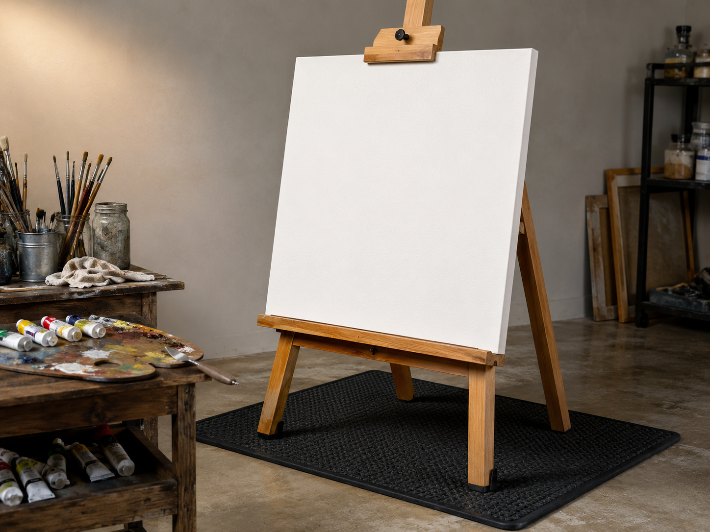 Artist Easel securing a blank white canvas on a non-slip mat in an oil painting studio with brushes and paint supplies
