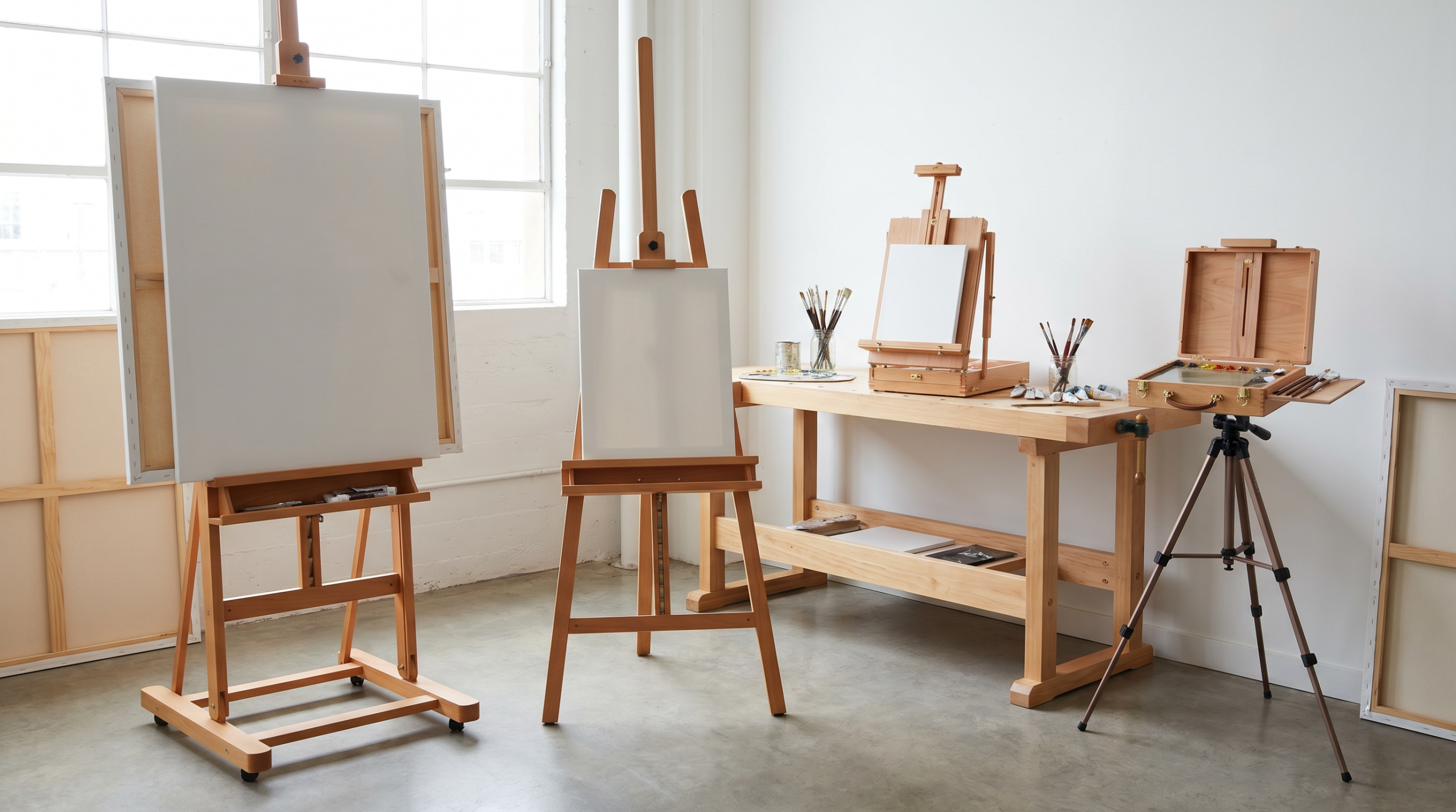 Artist Easel set in a bright art studio with multiple wooden easels, blank canvases, painting table, brushes, and art supplies