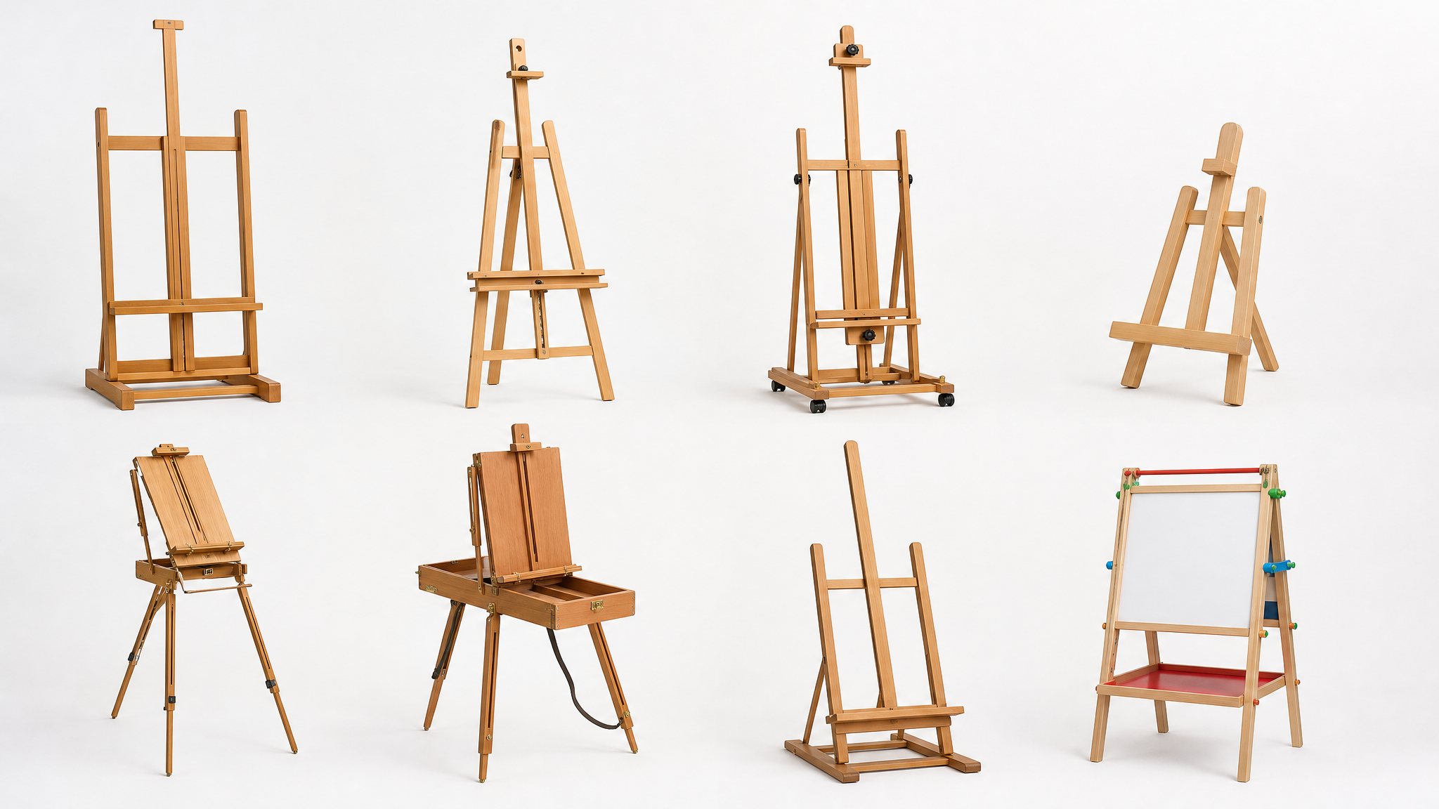 Different types of wooden Artist Easel displayed on a clean white background, including studio easels, tabletop easels, field easels, and kids easels