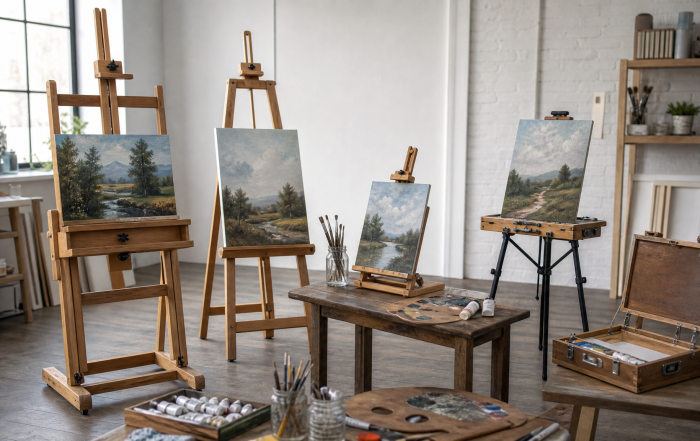Multiple-wooden-Artist-Easel-styles-arranged-in-an-art-studio-showing-studio-easels-tabletop-easels-and-portable-easels-with-landscape-paintings