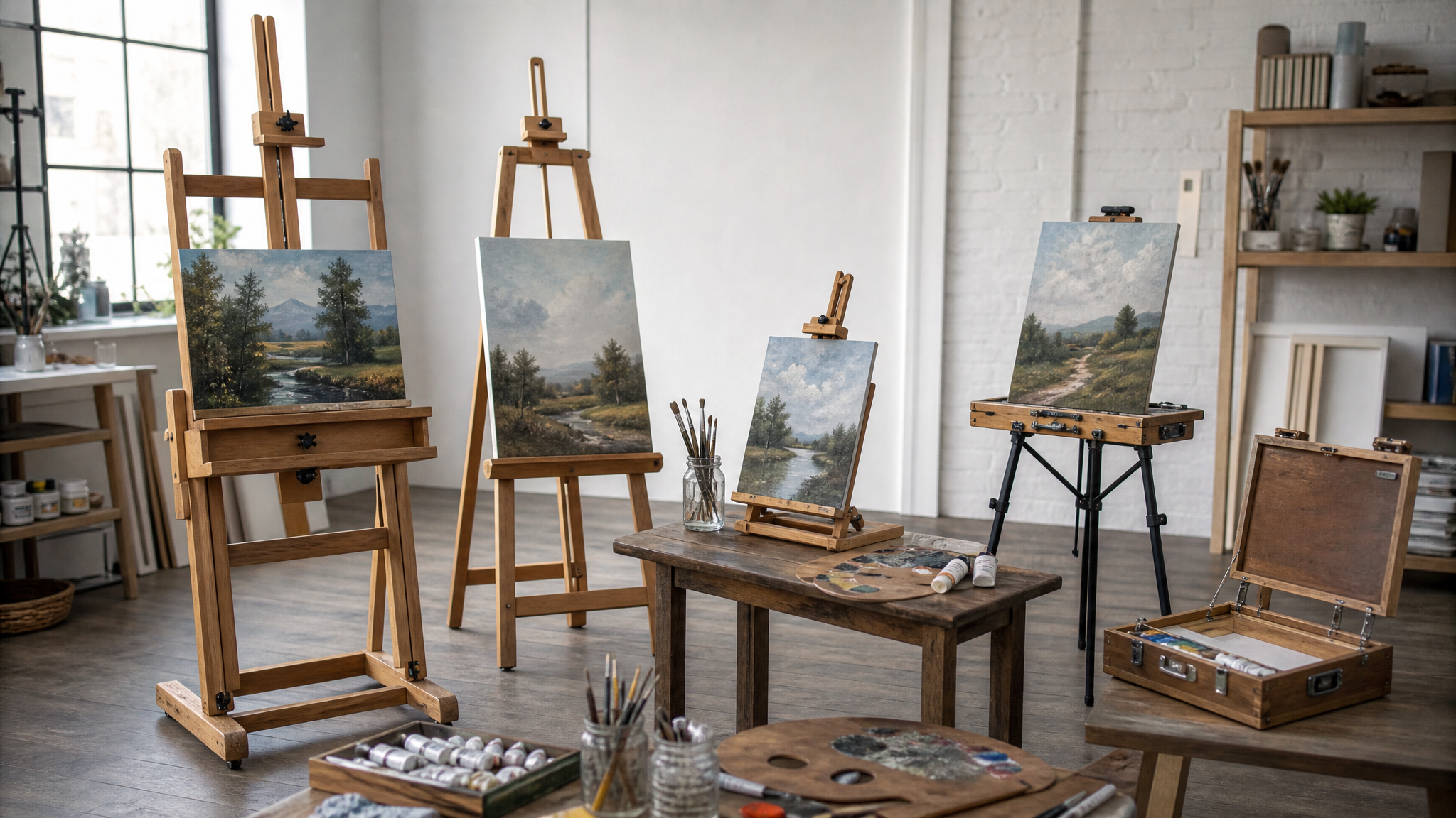 Multiple-wooden-Artist-Easel-styles-arranged-in-an-art-studio-showing-studio-easels-tabletop-easels-and-portable-easels-with-landscape-paintings