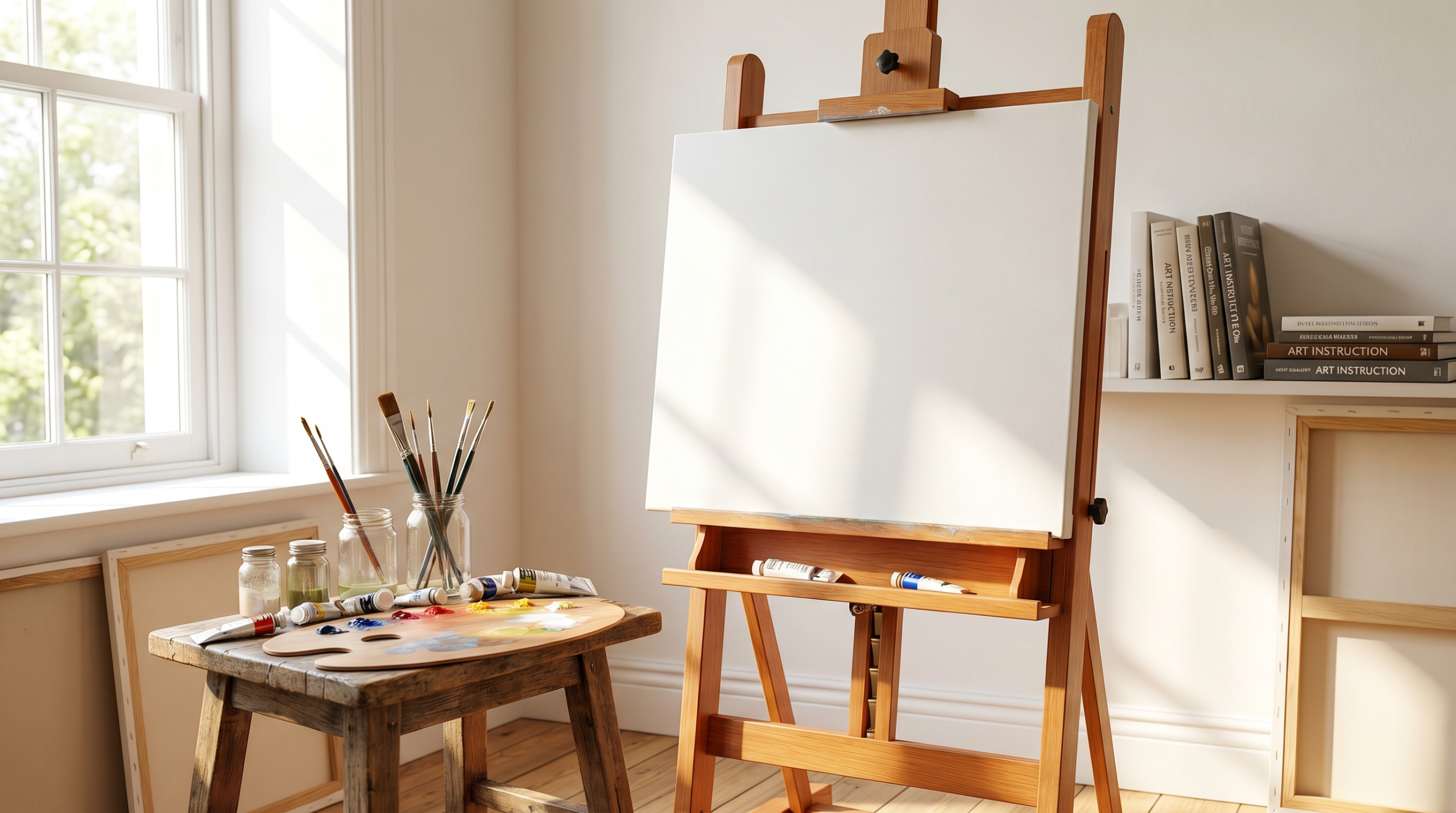 Wooden Artist Easel holding a blank canvas beside painting tools and brushes in a warm sunlit art studio