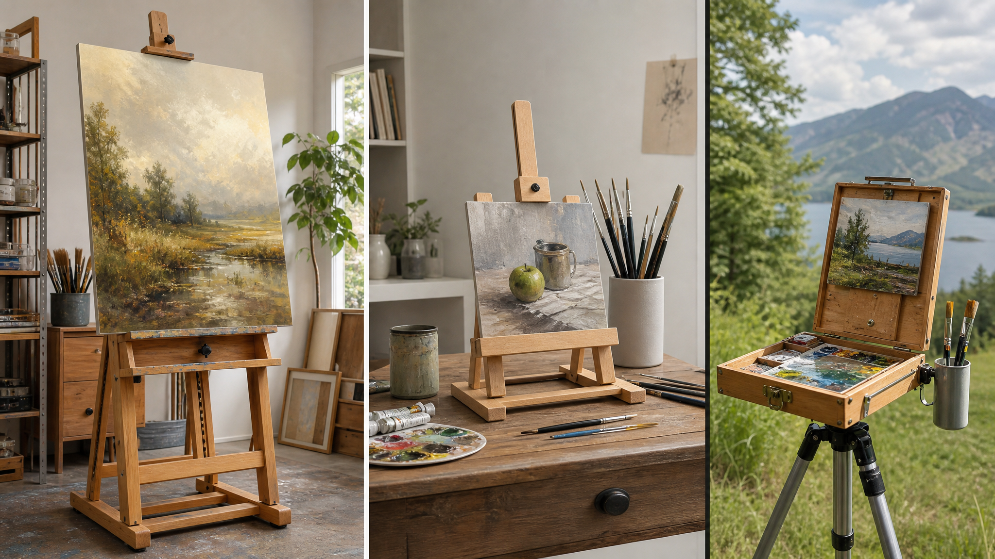 Wooden Artist Easel holding a landscape painting in a bright art studio, with brushes, shelves, and painting supplies nearby