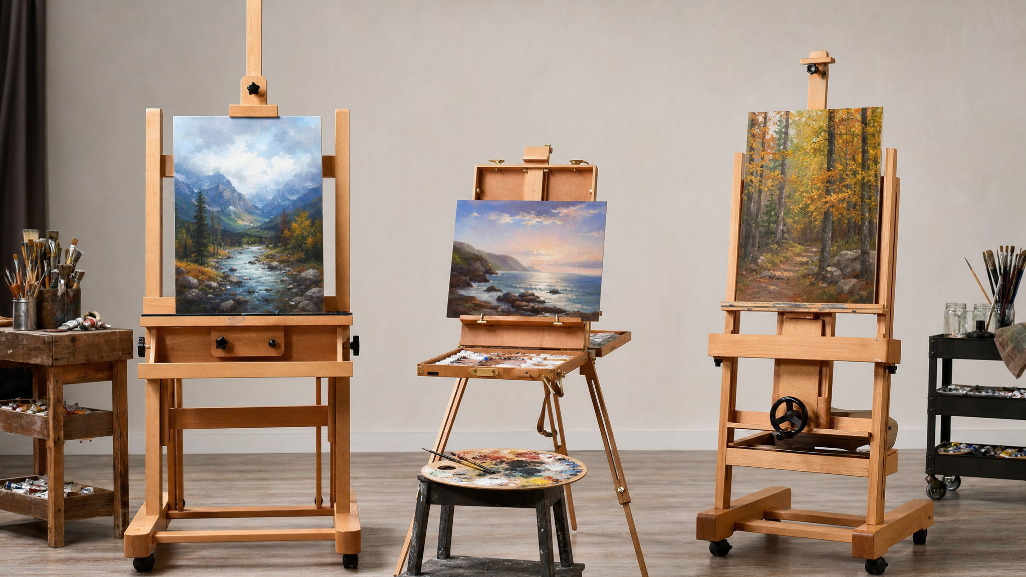 Wooden-Artist-Easel-holding-an-oil-landscape-painting-in-a-bright-studio-with-painting-tools-brushes-and-paint-tubes-nearby