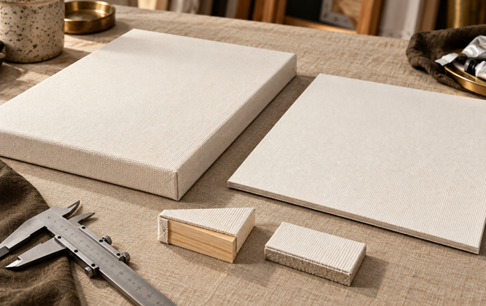 Canvas panel and canvas board compared by core, surface and thickness