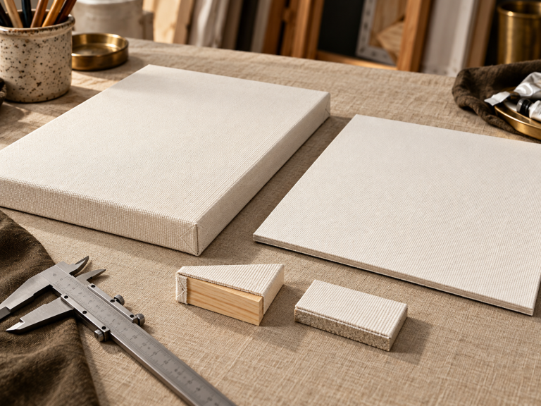 Canvas panel and canvas board compared by core, surface and thickness