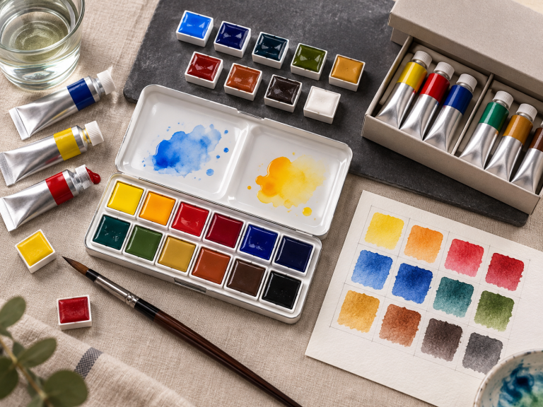 Watercolor paint set planning with pans, tubes and a balanced colour swatch chart