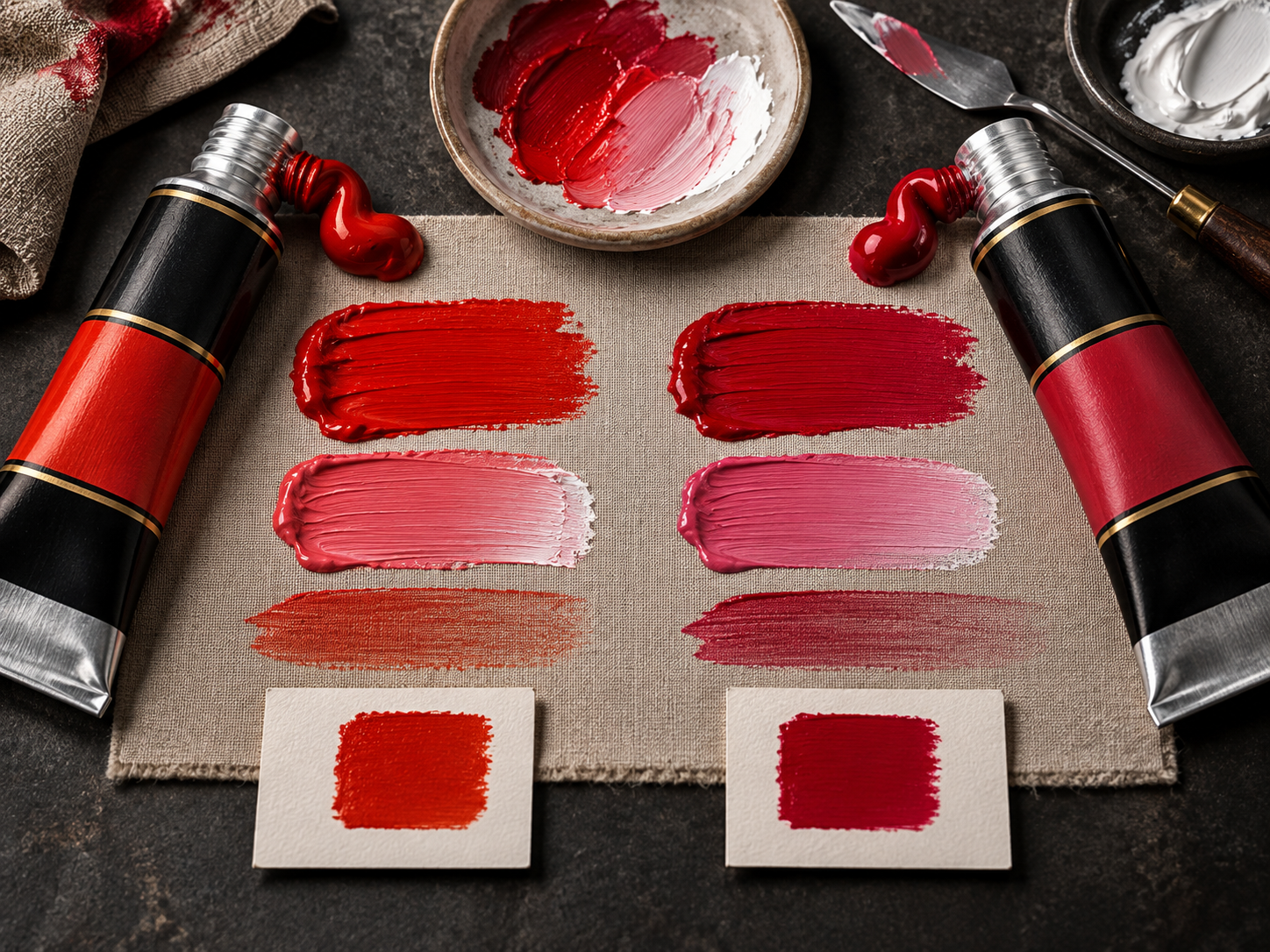 Cadmium colour and cadmium hue compared through masstone, tint and undertone swatches
