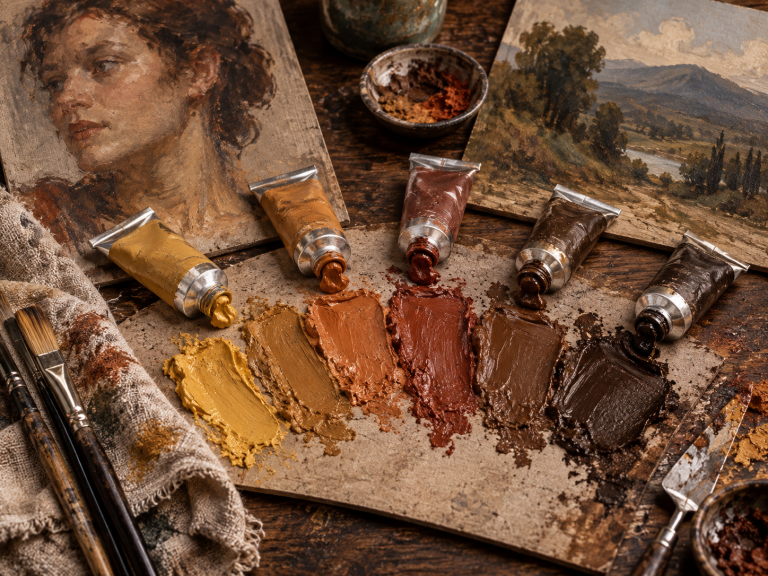 Earth colour paint range with ochres, siennas and umbers for portrait and landscape painting