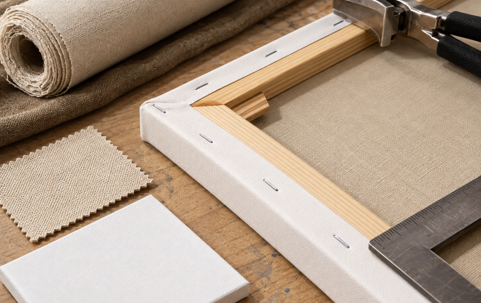 Stretched canvas construction showing frame corner, fabric tension, canvas weave and primed ground