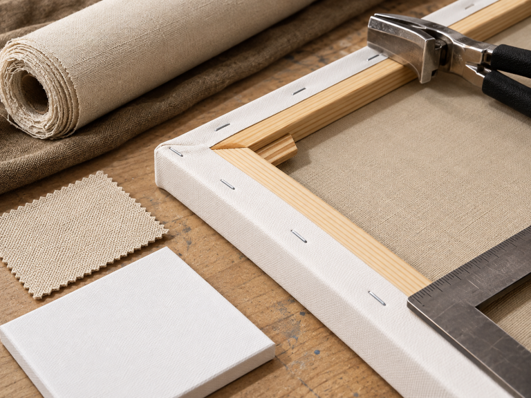 Stretched canvas construction showing frame corner, fabric tension, canvas weave and primed ground