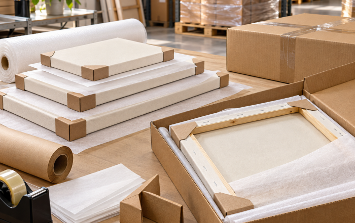 Stretched canvases protected with interleaving sheets, corner guards and export cartons