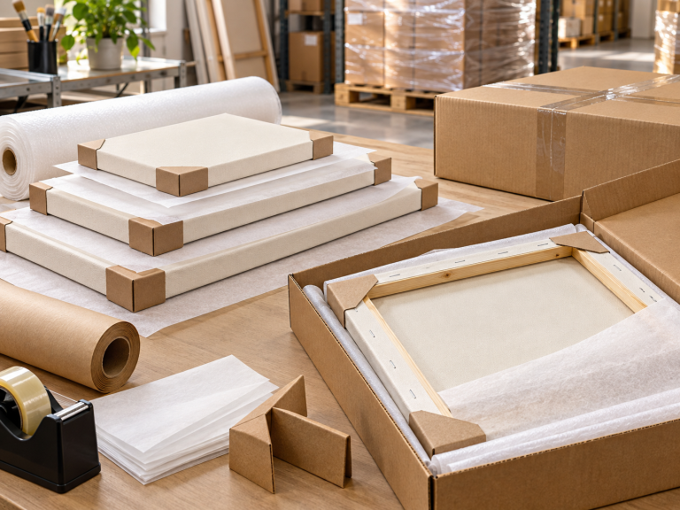 Stretched canvases protected with interleaving sheets, corner guards and export cartons
