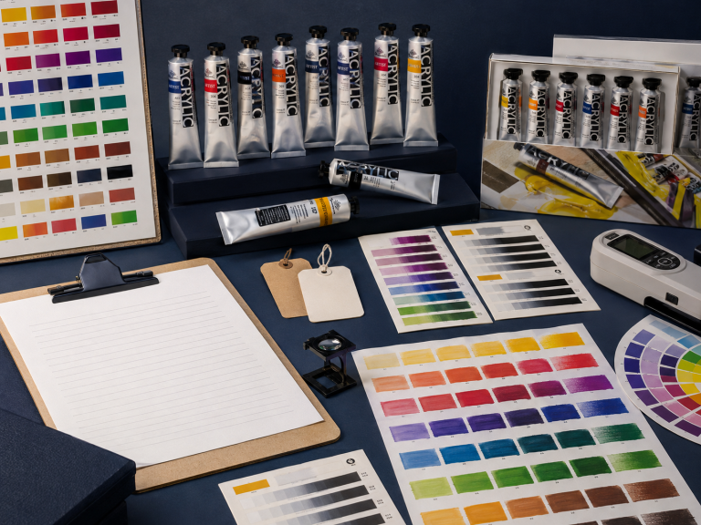 Phoenix acrylic paint tubes with colour charts and technical evaluation swatches